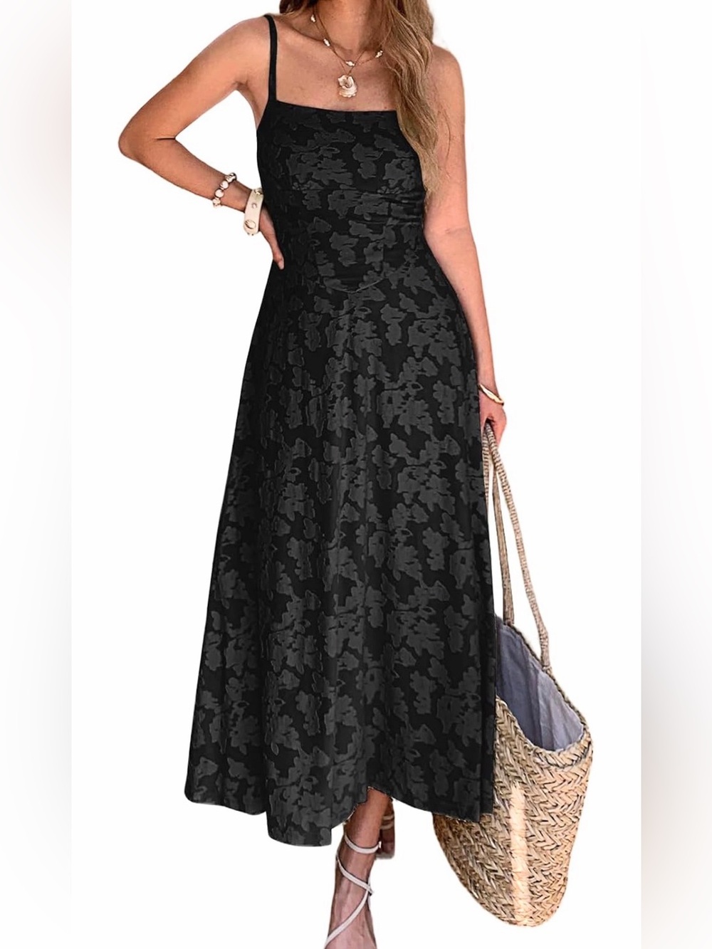 Women’s Black Floral Burnout Fitted Waist A-line Midi Dress